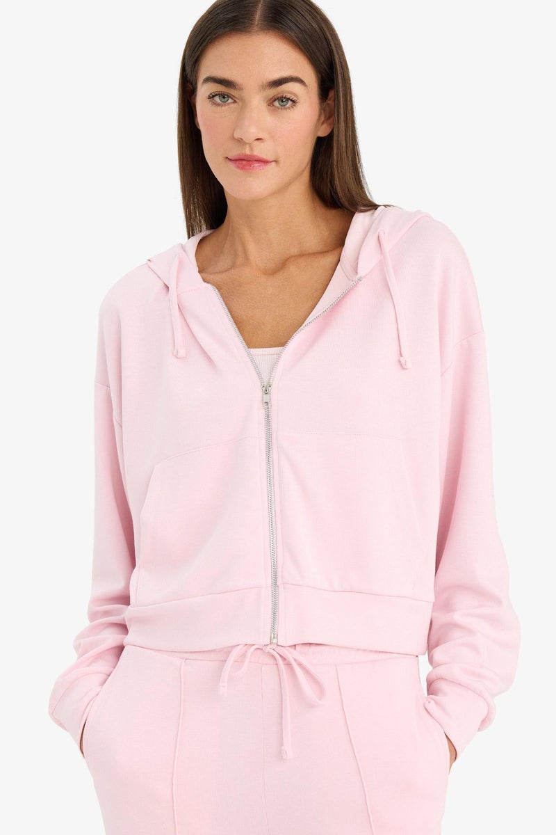 DeFacto Pink Woman Loose Fit Zip-Up Modal Hoodie Casual - Image 2